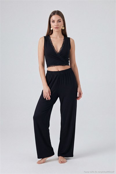 Yumuşak Dokulu Sırtı Bağlamalı Dantelli Crop Kadın Pijama Takımı 6575015 SİYAH