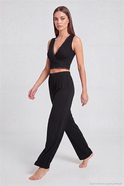 Yumuşak Dokulu Sırtı Bağlamalı Dantelli Crop Kadın Pijama Takımı 6575015 SİYAH