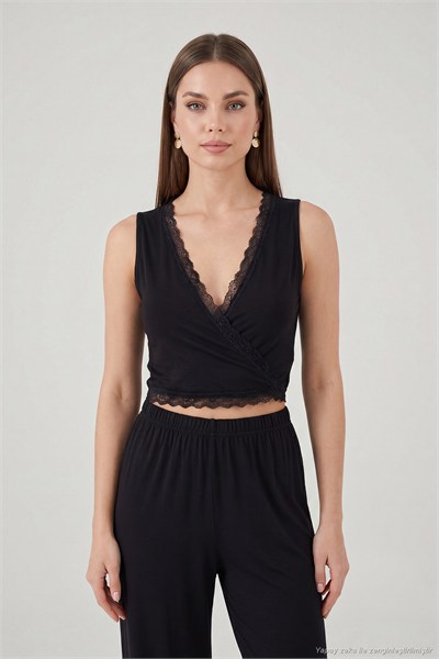 Yumuşak Dokulu Sırtı Bağlamalı Dantelli Crop Kadın Pijama Takımı 6575015 SİYAH