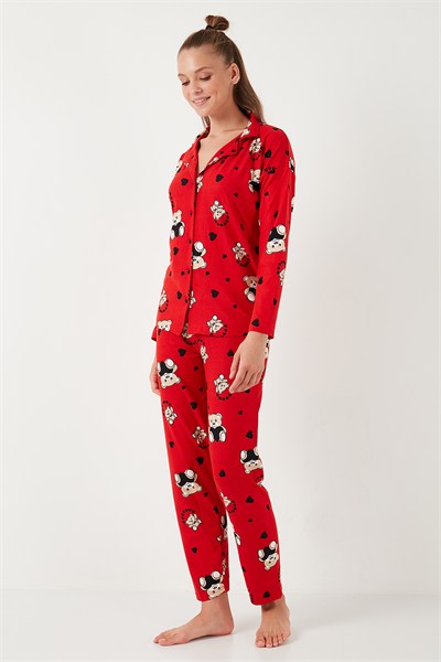 Yumuşak Dokulu Standart Fit Ayıcık Desenli Uzun Kollu Rahat Kadın Pijama Takımı 60956602 KIRMIZI