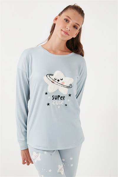 Yumuşak Dokulu Standart Fit Bisiklet Yaka Desenli Kışlık Rahat Kadın Pijama Takımı 6095700 AÇIK GRİ