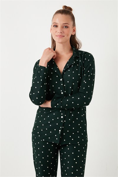 Yumuşak Dokulu Standart Fit Düğmeli Uzun Kollu Kışlık Kadın Pijama Takımı 60956601 YEŞİL