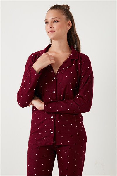 Yumuşak Dokulu Standart Fit Düğmeli Uzun Kollu Kışlık Kadın Pijama Takımı 60956601 BORDO