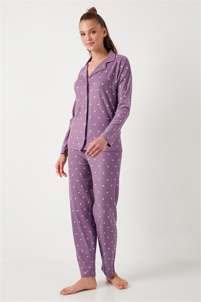 Yumuşak Dokulu Standart Fit Düğmeli Uzun Kollu Kışlık Kadın Pijama Takımı 60956601 LİLA
