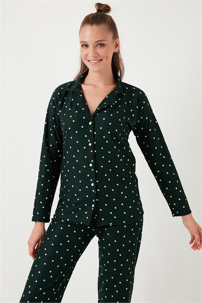 Yumuşak Dokulu Standart Fit Düğmeli Uzun Kollu Kışlık Kadın Pijama Takımı 60956601 YEŞİL