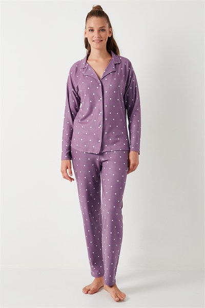 Yumuşak Dokulu Standart Fit Düğmeli Uzun Kollu Kışlık Kadın Pijama Takımı 60956601 LİLA