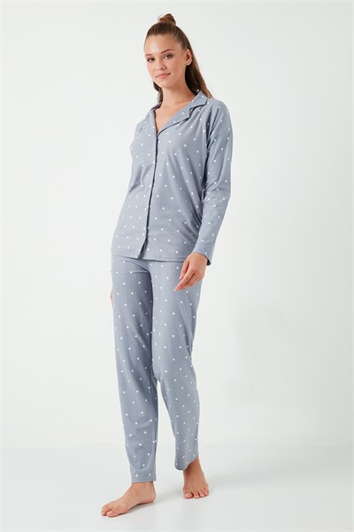 Yumuşak Dokulu Standart Fit Düğmeli Uzun Kollu Kışlık Kadın Pijama Takımı 60956601 GRİ