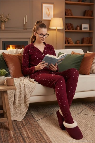 Yumuşak Dokulu Standart Fit Düğmeli Uzun Kollu Kışlık Kadın Pijama Takımı 60956601 BORDO