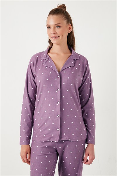 Yumuşak Dokulu Standart Fit Düğmeli Uzun Kollu Kışlık Kadın Pijama Takımı 60956601 LİLA