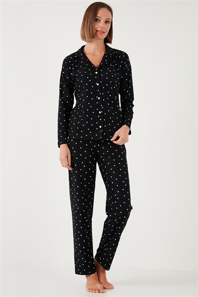Yumuşak Dokulu Standart Fit Düğmeli Uzun Kollu Kışlık Kadın Pijama Takımı 60956601 SİYAH
