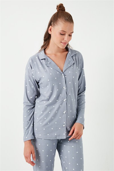 Yumuşak Dokulu Standart Fit Düğmeli Uzun Kollu Kışlık Kadın Pijama Takımı 60956601 GRİ