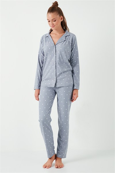 Yumuşak Dokulu Standart Fit Düğmeli Uzun Kollu Kışlık Kadın Pijama Takımı 60956601 GRİ