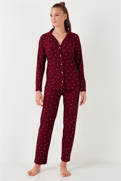 Yumuşak Dokulu Standart Fit Düğmeli Uzun Kollu Kışlık Kadın Pijama Takımı 60956601 BORDO