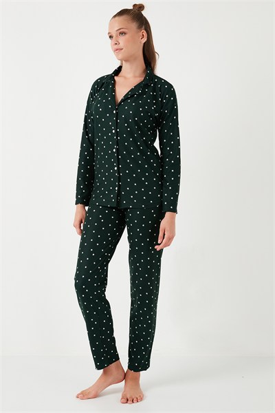 Yumuşak Dokulu Standart Fit Düğmeli Uzun Kollu Kışlık Kadın Pijama Takımı 60956601 YEŞİL