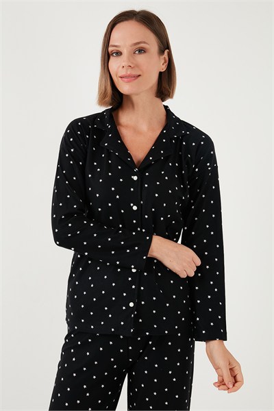 Yumuşak Dokulu Standart Fit Düğmeli Uzun Kollu Kışlık Kadın Pijama Takımı 60956601 SİYAH