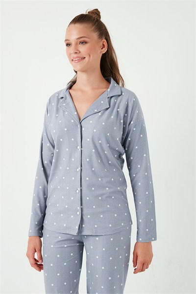 Yumuşak Dokulu Standart Fit Düğmeli Uzun Kollu Kışlık Kadın Pijama Takımı 60956601 GRİ