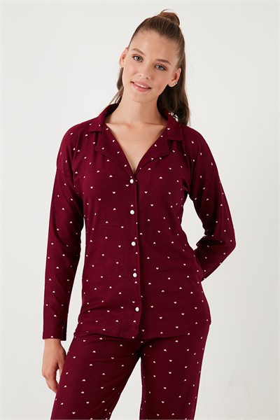 Yumuşak Dokulu Standart Fit Düğmeli Uzun Kollu Kışlık Kadın Pijama Takımı 60956601 BORDO