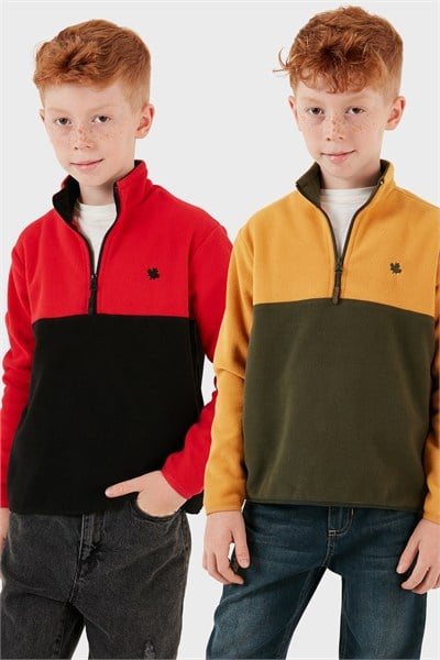Yumuşak Dokulu Yarım Fermuarlı Renk Bloklu Dik Yaka Unisex Çocuk 2li Paket Polar 5905004S2 Hardal Haki-Kırmızı Siyah