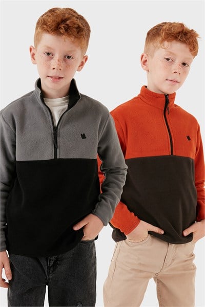 Yumuşak Dokulu Yarım Fermuarlı Renk Bloklu Dik Yaka Unisex Çocuk 2li Paket Polar 5905004S2 Gri Siyah-Orange Antrasit