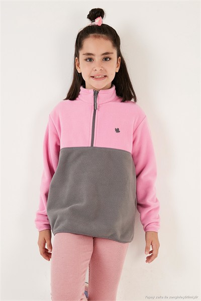 Yumuşak Dokulu Yarım Fermuarlı Renk Bloklu Dik Yaka Unisex Çocuk 2li Paket Polar 5905004S2 Fuşya Lacivert-Şeker Pembe Gri