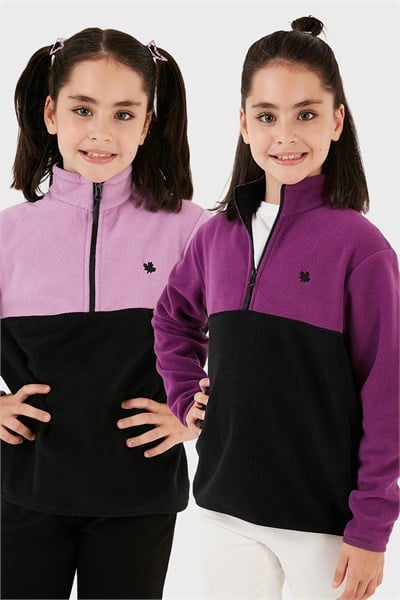 Yumuşak Dokulu Yarım Fermuarlı Renk Bloklu Dik Yaka Unisex Çocuk 2li Paket Polar 5905004S2 Lila Siyah-Mor Siyah
