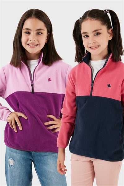 Yumuşak Dokulu Yarım Fermuarlı Renk Bloklu Dik Yaka Unisex Çocuk 2li Paket Polar 5905004S2 Fuşya Lacivert-Şeker Pembe Mor