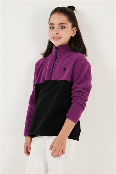 Yumuşak Dokulu Yarım Fermuarlı Renk Bloklu Dik Yaka Unisex Çocuk Polar 5905004 MOR-SİYAH