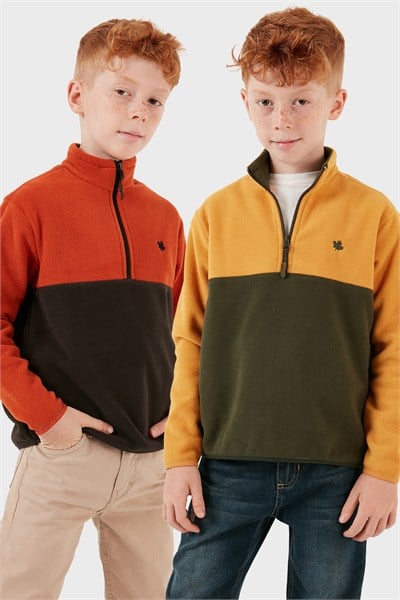 Yumuşak Dokulu Yarım Fermuarlı Renk Bloklu Dik Yaka Unisex Çocuk 2li Paket Polar 5905004S2 Hardal Haki-Orange Antrasit