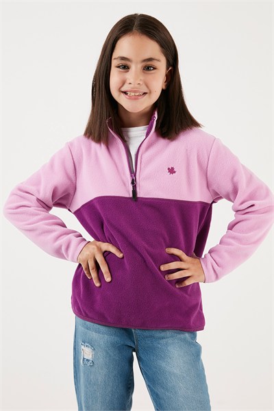 Yumuşak Dokulu Yarım Fermuarlı Renk Bloklu Dik Yaka Unisex Çocuk Polar 5905004 Şeker Pembe-Mor