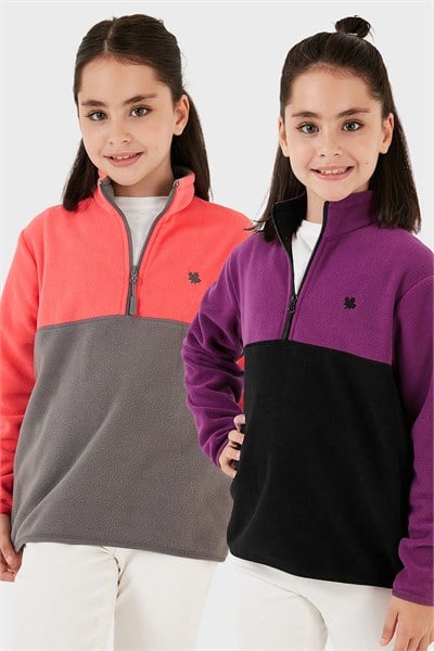 Yumuşak Dokulu Yarım Fermuarlı Renk Bloklu Dik Yaka Unisex Çocuk 2li Paket Polar 5905004S2 Mor Siyah-Somon Gri