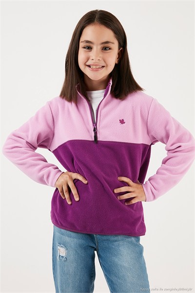 Yumuşak Dokulu Yarım Fermuarlı Renk Bloklu Dik Yaka Unisex Çocuk 2li Paket Polar 5905004S2 Somon Gri-Şeker Pembe Mor