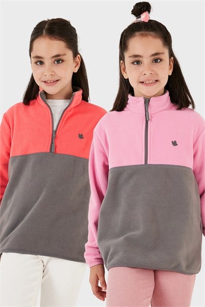 Yumuşak Dokulu Yarım Fermuarlı Renk Bloklu Dik Yaka Unisex Çocuk 2li Paket Polar 5905004S2 Somon Gri-Şeker Pembe Gri