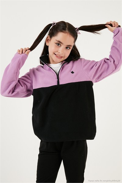 Yumuşak Dokulu Yarım Fermuarlı Renk Bloklu Dik Yaka Unisex Çocuk 2li Paket Polar 5905004S2 Lila Siyah-Mor Siyah