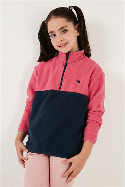 Yumuşak Dokulu Yarım Fermuarlı Renk Bloklu Dik Yaka Unisex Çocuk Polar 5905004 FUŞYA-LACİVERT