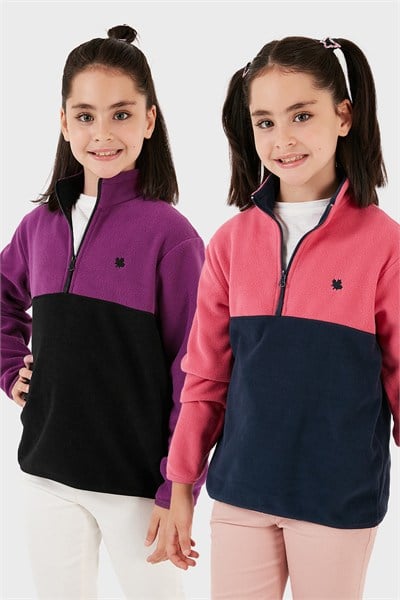 Yumuşak Dokulu Yarım Fermuarlı Renk Bloklu Dik Yaka Unisex Çocuk 2li Paket Polar 5905004S2 Fuşya Lacivert-Mor Siyah