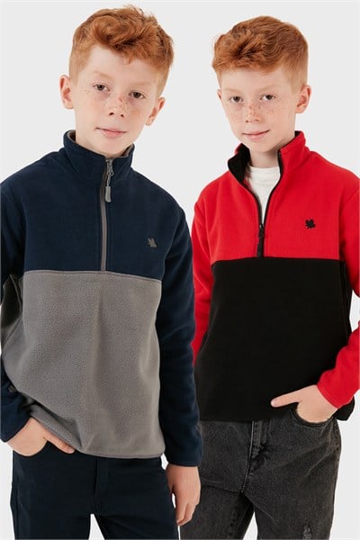 Yumuşak Dokulu Yarım Fermuarlı Renk Bloklu Dik Yaka Unisex Çocuk 2li Paket Polar 5905004S2 Kırmızı Siyah-Lacivert Gri