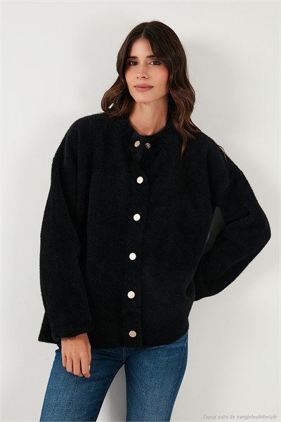 Yün Karışımlı Relaxed Fit Çıtçıt Düğmeli Kadın Hırka 4617021 SİYAH
