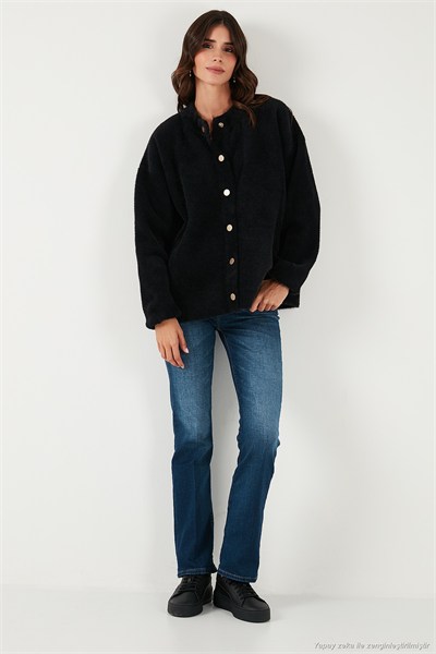 Yün Karışımlı Relaxed Fit Çıtçıt Düğmeli Kadın Hırka 4617021 SİYAH
