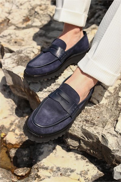 Loafer Ayakkabı Lacivert Süet Biye