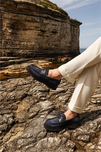 Loafer Ayakkabı Lacivert Süet Biye