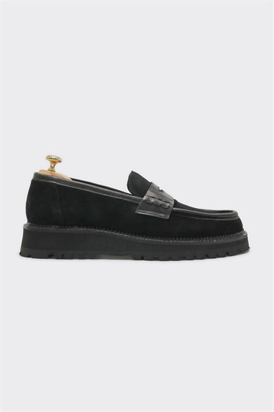Loafer Ayakkabı Siyah Süet Biye