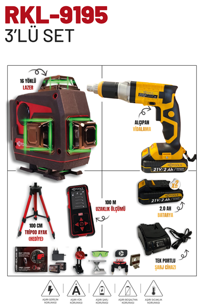 Retools 4'lü Set (Bordo 16 Yönlü Lazer - Lazer Metre - Tripod (100M) + Alçıpan Vidalama)