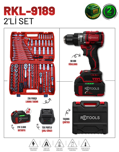 RETOOLS BORDO 2'Lİ SET (90 NM VİDALAMA + 216 PARÇA LOKMA TAKIMI)