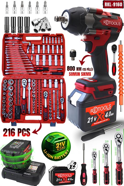 RETOOLS BORDO 2'Lİ SET (BORDO 800 NM TORKLU (15 PİLLİ) - BORDO 216 PARÇA LOKMA TAKIMI)