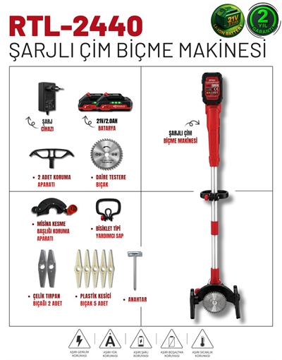 Retools Bordo Şarjlı Çim Biçme Makinesi (2 Adet 2.0 ah Batarya)
