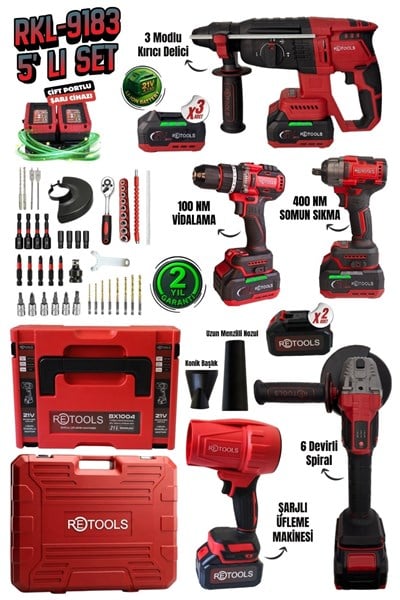 Retools RKL-9183 21V Profesyonel 5'li Set - Hava Üflemeli