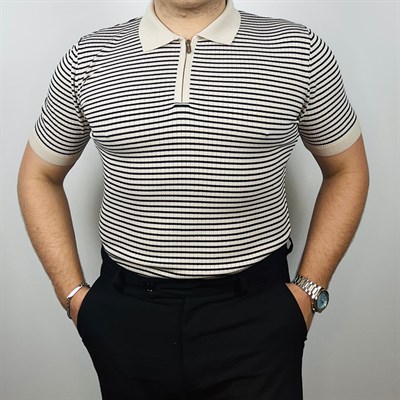 Pamuklu Çizgili Erkek Triko - Bej
