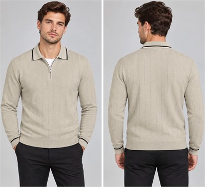 Polo Yaka Desenli Triko Sweatshirt - BEJ - ST 507