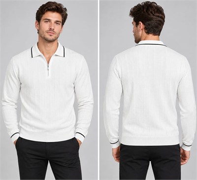 Polo Yaka Desenli Triko Sweatshirt - BEYAZ  - ST 507