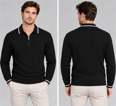 Polo Yaka Desenli Triko Sweatshirt - KAHVE  - ST 507